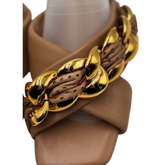 Vince Camuto Womens Slide Sandals 8 Azori Brown Leather Square Toe Gold Chain - Picture 2 of 9